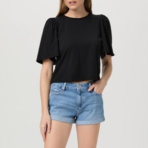 PAIGE Blue Jean Shorts with Rolled Hem and Distressed Details